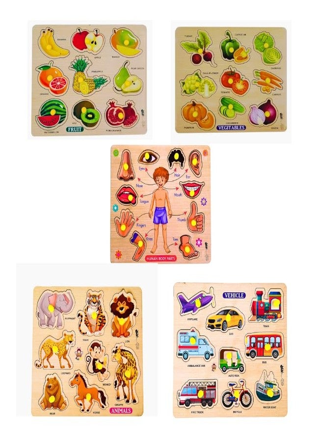 BuGBee peg Board for Kids | Montessori Toys for 2+ Year Old | Wooden Puzzle for Kids 3+ Years | Animal, Fruits, Vegetable, Human Body Parts, Vehicles Combo Pack of 5 - Image 1